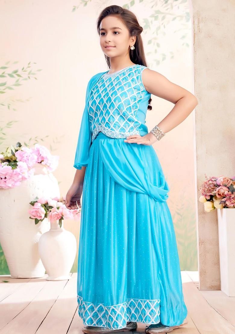 Turquoise Blue Embroidered Georgette Lehenga Choli For Girls - Indya