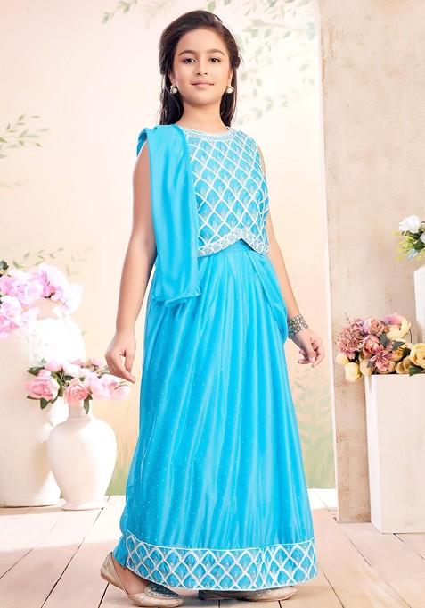 Turquoise Blue Embroidered Georgette Lehenga Choli For Girls — view on Indya