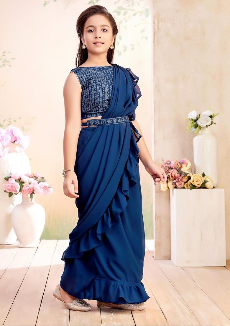Blue Embroidered Georgette Lehenga Choli For Girls - Indya