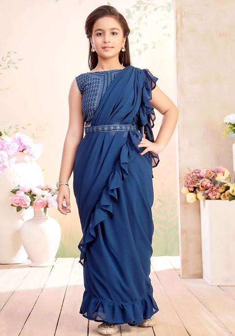 Blue Embroidered Georgette Lehenga Choli For Girls — view on Indya