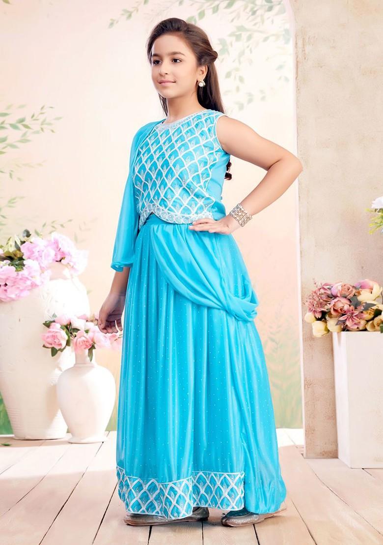 Turquoise Blue Embroidered Blended Lehenga Choli For Girls - Indya