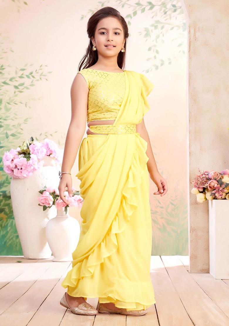 Yellow Embellished Blended Lehenga Choli For Girls - Indya