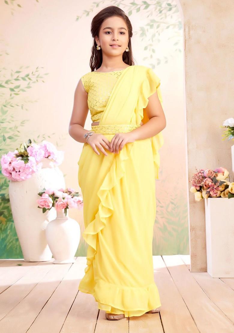 Yellow Embellished Blended Lehenga Choli For Girls - Indya