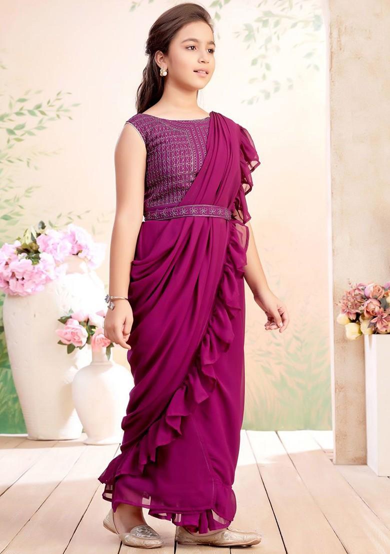 Burgundy Embellished Blended Lehenga Choli For Girls - Indya