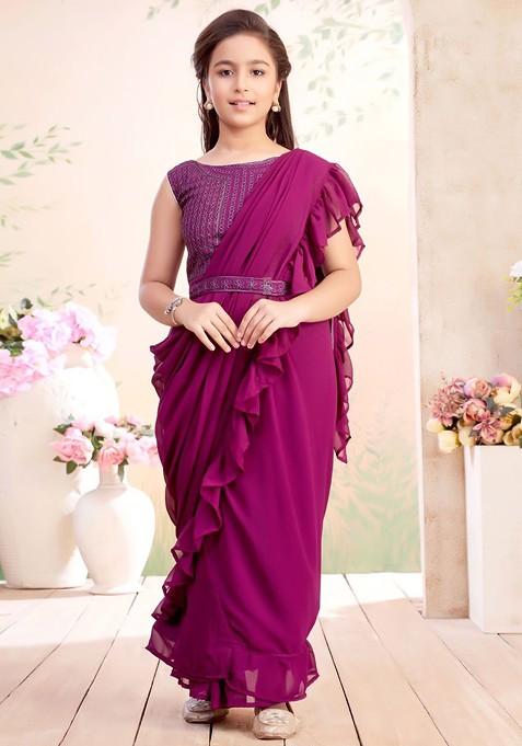 Burgundy Embellished Blended Lehenga Choli For Girls — view on Indya