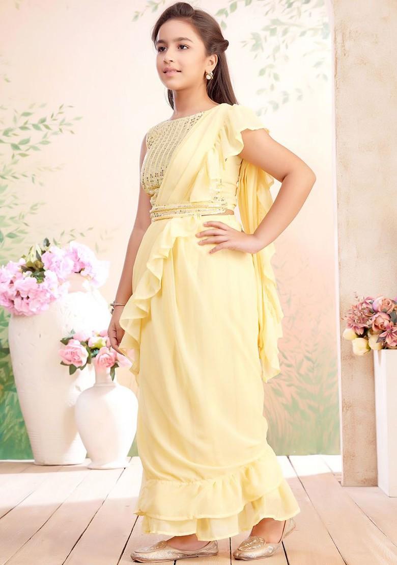 Yellow Embellished Blended Lehenga Choli For Girls - Indya