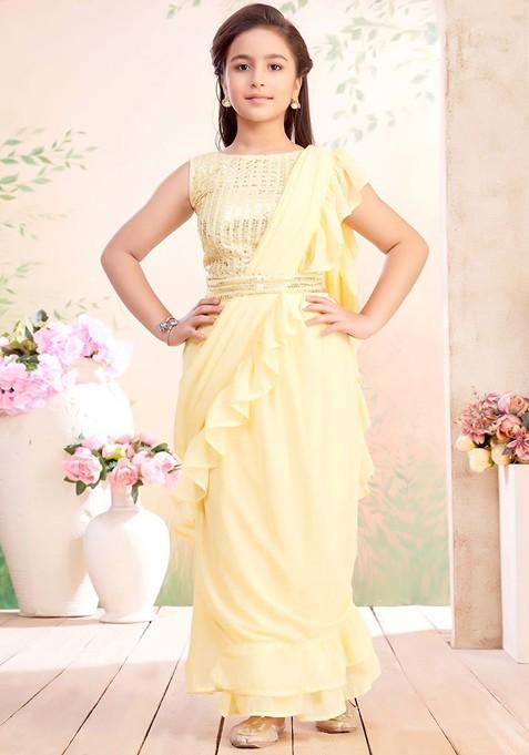 Yellow Embellished Blended Lehenga Choli For Girls — view on Indya