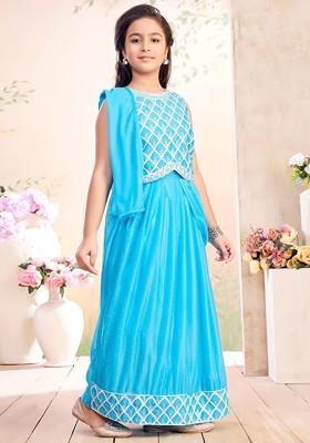 Turquoise Blue Embroidered Blended Lehenga Choli For Girls