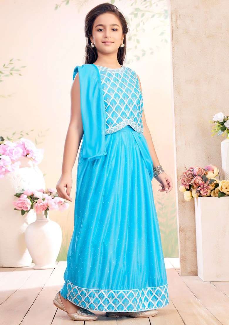 Turquoise Blue Embroidered Blended Lehenga Choli For Girls - Indya