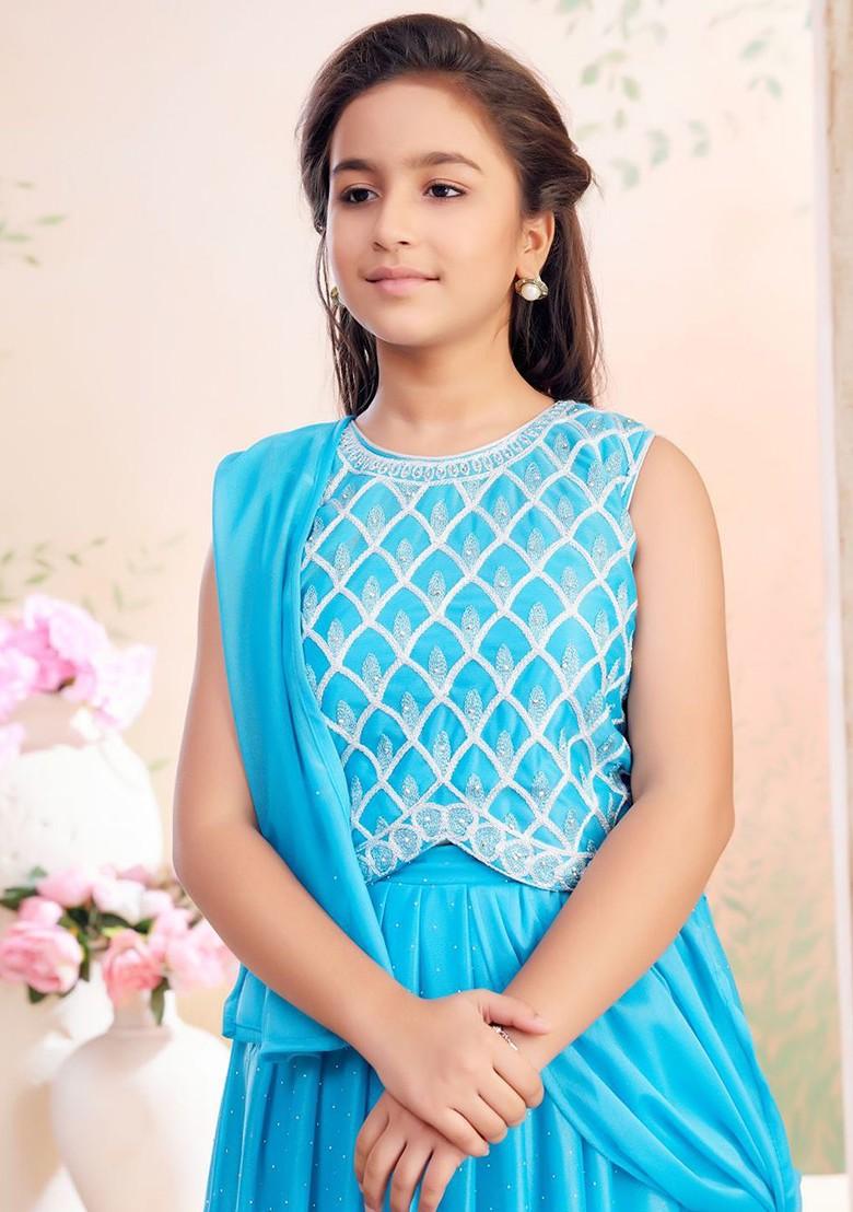 Turquoise Blue Embroidered Blended Lehenga Choli For Girls - Indya