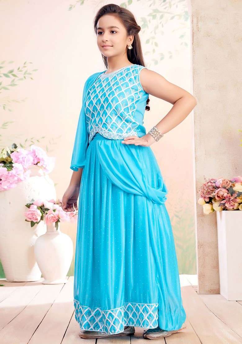 Turquoise Blue Embroidered Blended Lehenga Choli For Girls - Indya