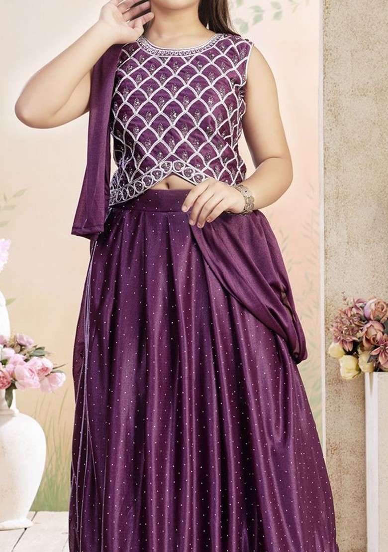Purple Embroidered Blended Lehenga Choli For Girls - Indya