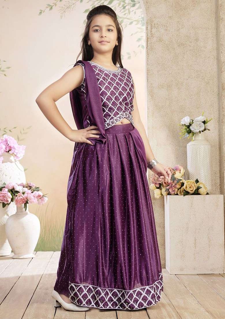 Purple Embroidered Blended Lehenga Choli For Girls - Indya