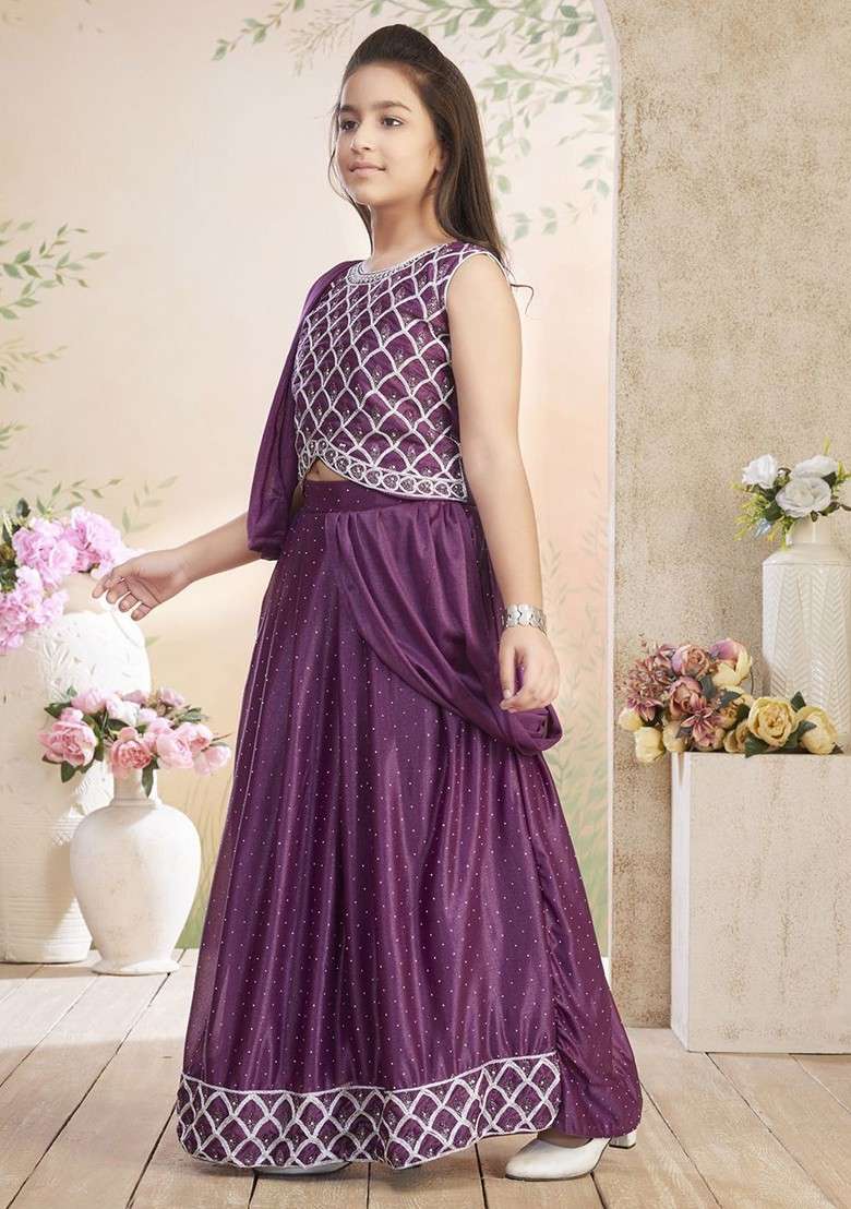 Purple Embroidered Blended Lehenga Choli For Girls - Indya