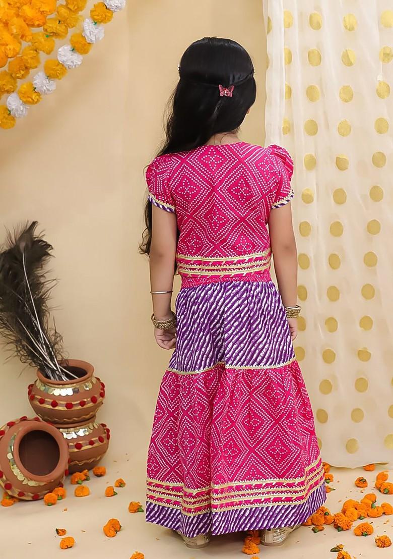 Pink Printed Cotton Blend Lehenga Choli For Girls - Indya