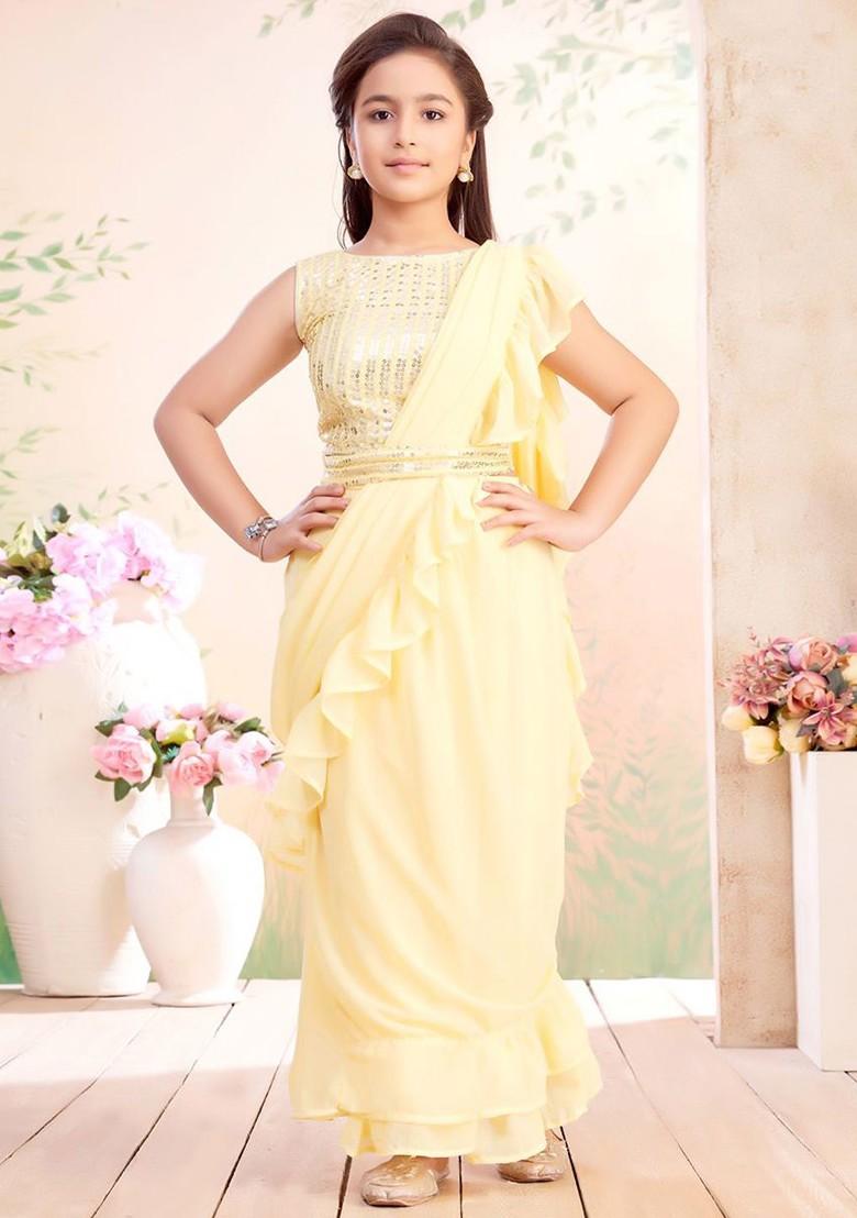 Yellow Embellished Silk Lehenga Choli For Girls - Indya