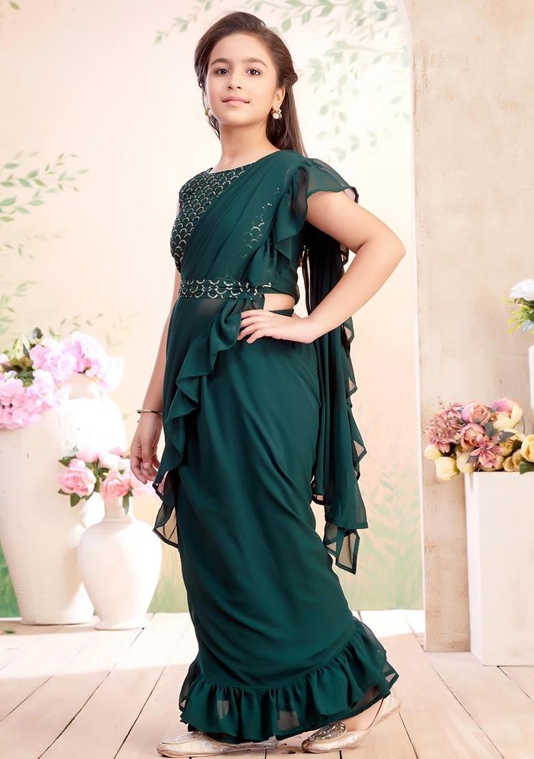 Green Embroidered Georgette Lehenga Choli For Girls - Indya