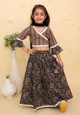 Black Printed Cotton Blend Lehenga Choli For Girls