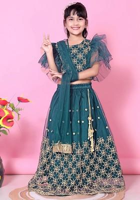Teal Embroidered Net Lehenga Choli For Girls