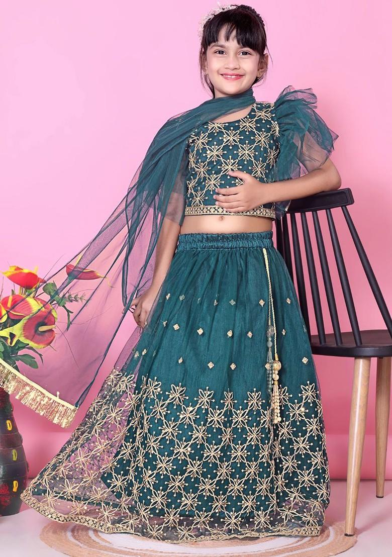 Teal Embroidered Net Lehenga Choli For Girls - Indya