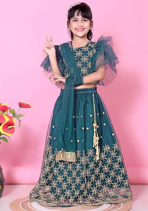 Teal Embroidered Net Lehenga Choli For Girls — view on Indya