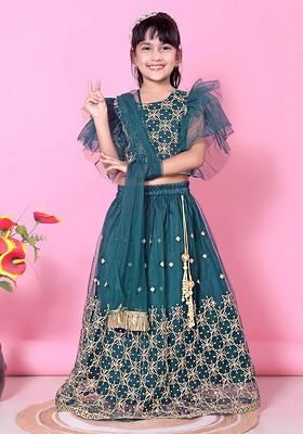 Teal Embroidered Net Lehenga Choli For Girls