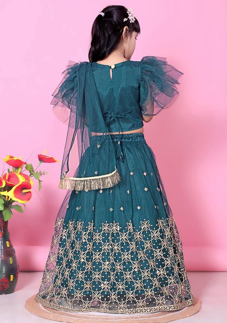 Teal Embroidered Net Lehenga Choli For Girls - Indya