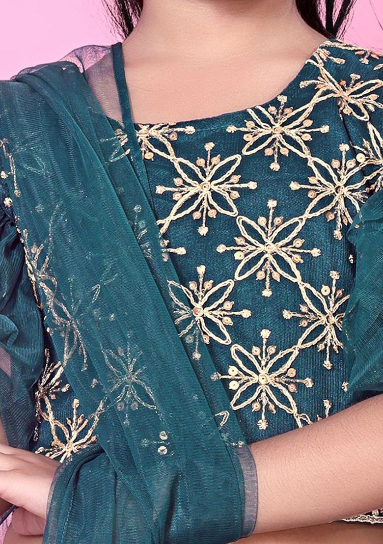 Teal Embroidered Net Lehenga Choli For Girls - Indya