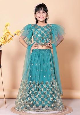 Sea Green Embroidered Net Lehenga Choli For Girls