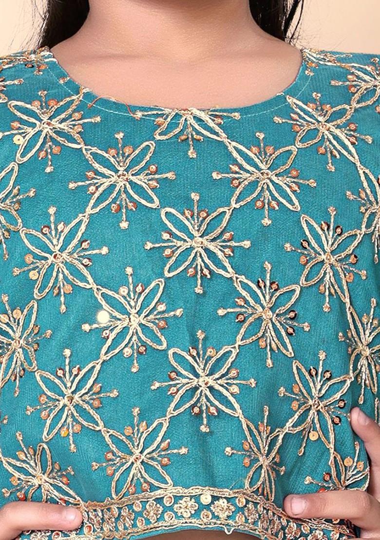 Sea Green Embroidered Net Lehenga Choli For Girls - Indya