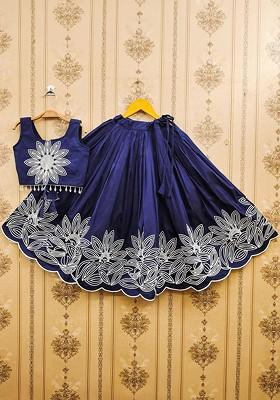 Navy Blue Embroidered Blended Lehenga Choli For Girls