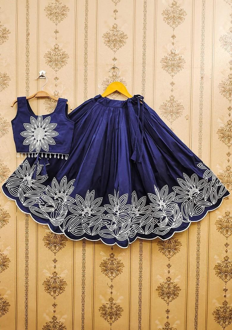 Navy Blue Embroidered Blended Lehenga Choli For Girls - Indya