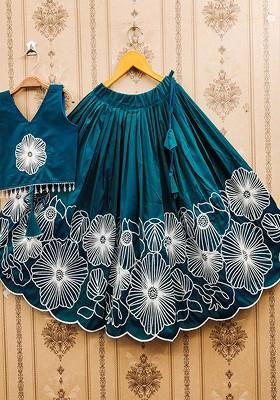 Teal Embroidered Blended Lehenga Choli For Girls
