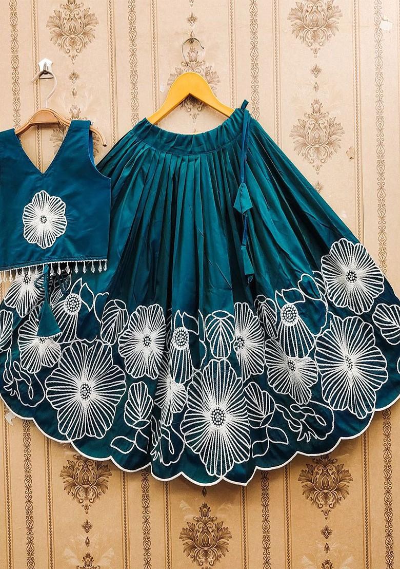 Teal Embroidered Blended Lehenga Choli For Girls - Indya