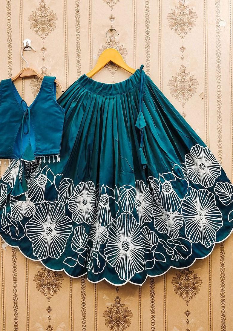 Teal Embroidered Blended Lehenga Choli For Girls - Indya