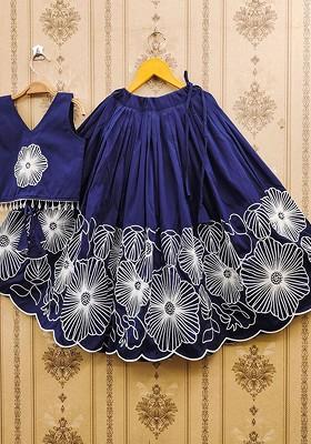 Navy Blue Embroidered Blended Lehenga Choli For Girls