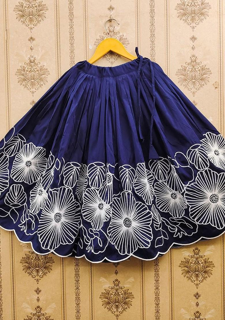 Navy Blue Embroidered Blended Lehenga Choli For Girls - Indya
