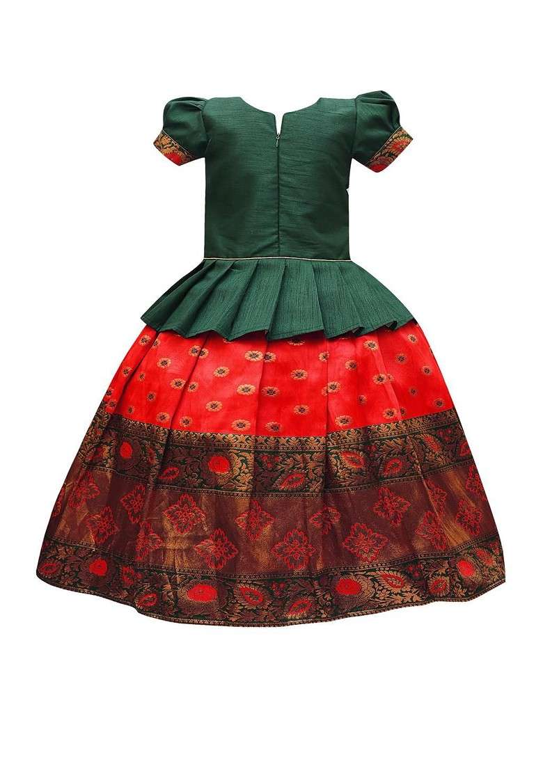 Green Embroidered Cotton Blend Lehenga Choli For Girls - Indya