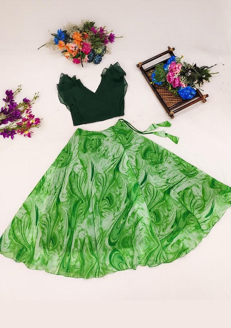 Green Embroidered Georgette Lehenga Choli For Girls - Indya