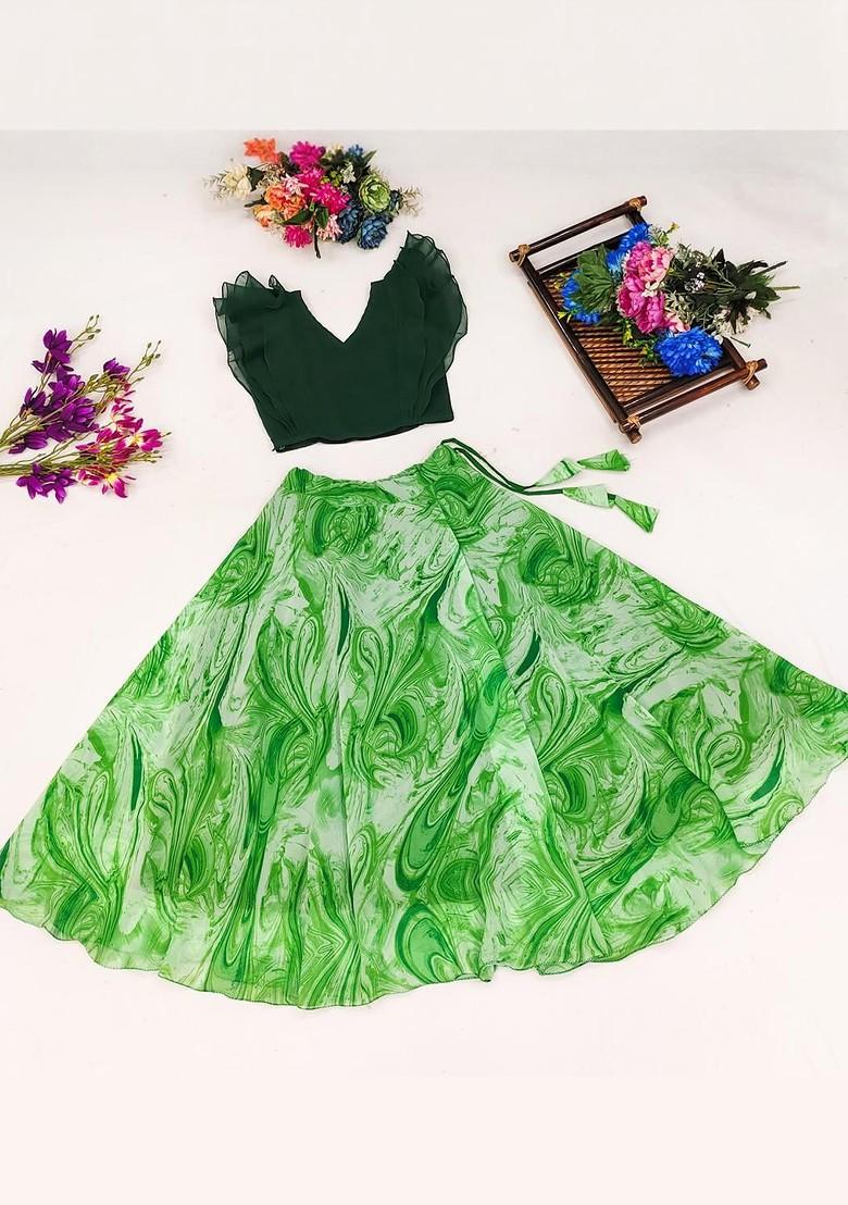 Green Embroidered Georgette Lehenga Choli For Girls - Indya
