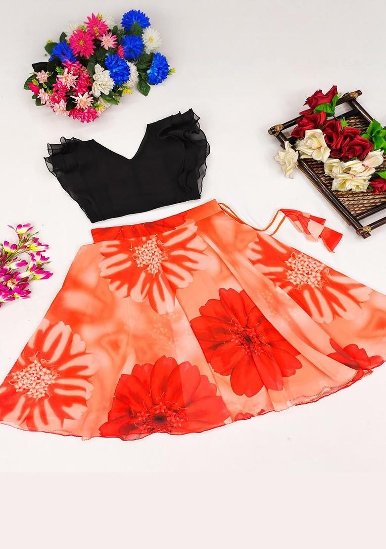 Orange Embroidered Georgette Lehenga Choli For Girls - Indya