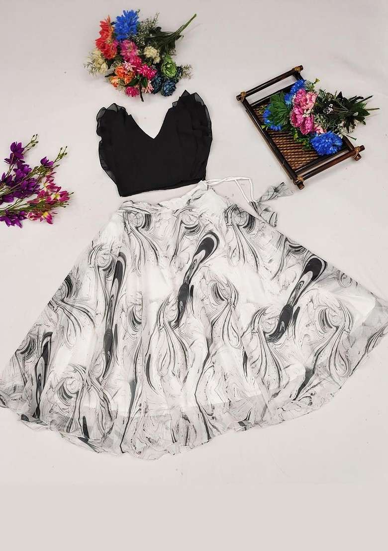 White Embroidered Georgette Lehenga Choli For Girls - Indya