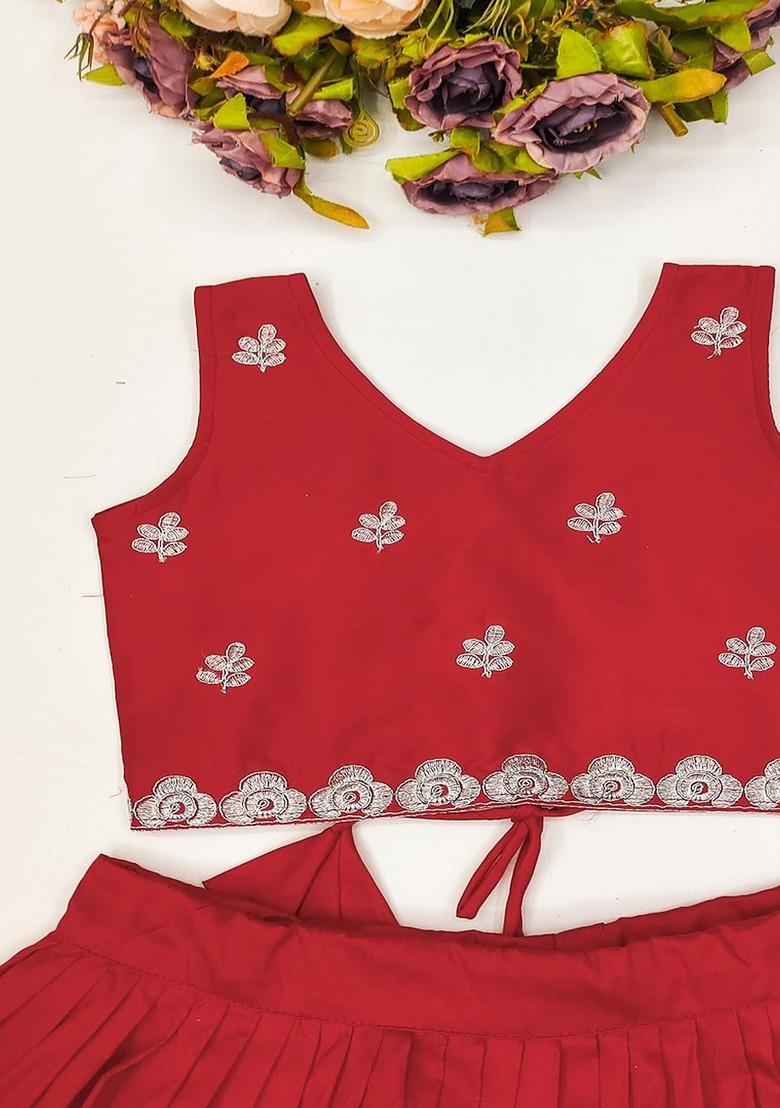 Red Embellished Silk Lehenga Choli For Girls - Indya