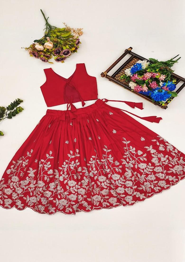 Red Embellished Silk Lehenga Choli For Girls - Indya