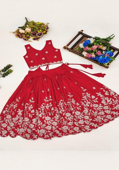Red Embellished Silk Lehenga Choli For Girls — view on Indya