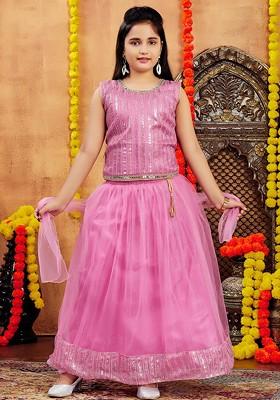Pink Embroidered Net Lehenga Choli For Girls