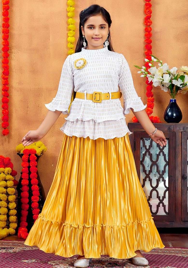 White Embroidered Net Lehenga Choli For Girls - Indya