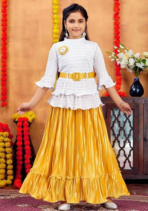 White Embroidered Net Lehenga Choli For Girls