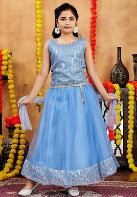 Blue Embroidered Net Lehenga Choli For Girls