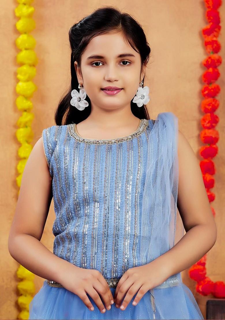 Blue Embroidered Net Lehenga Choli For Girls - Indya